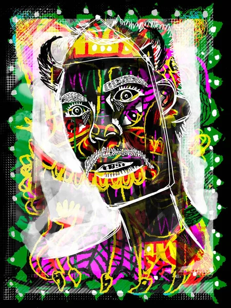 Страшный Портрет Черного Человека Рогами Современный Панк Стильный Плакат Абстрактными — стоковое фото
