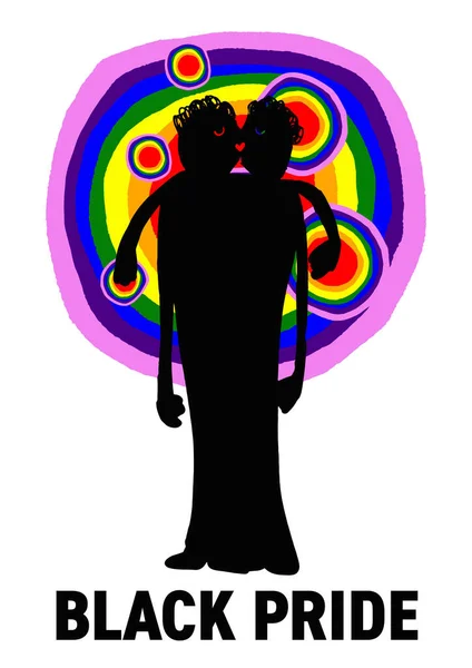 Černá Pýcha Silueta Páru Chlapů Duhovými Barvami Muži Líbat Objímat — Stockový vektor