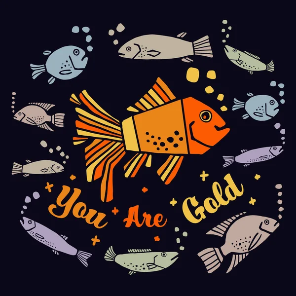 You Gold Goldfish Swimming Group Regular Fish Cute Design Optimistic — Stock Vector