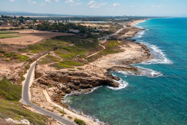 Aerial view of Rosh Hanikra, North Israel. Beautiful gulfs and sea with turquoise water