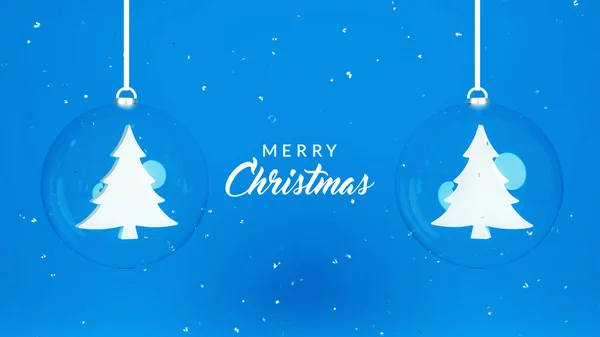 Merry Christmas banner. Xmas celebration background with glass balls and christmas trees in them. 3d render illustration.