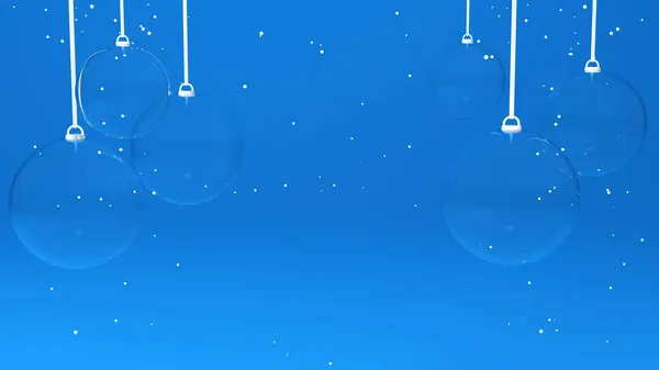 Christmas banner. Blue holiday banner with snow and empty glass balls. Xmas background template. 3d render illustration with copy space.