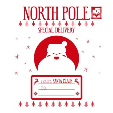 Noel Baba 'dan kişisel bir hediye paketi için Noel tasarımı. Kuzey kutbu özel teslimatı için. El yapımı Noel hediyeleri için bir şablon. Beyaz arkaplanda vektör illüstrasyonu