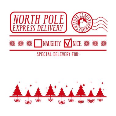 Noel Baba 'dan kişisel bir hediye paketi için Noel tasarımı. Kuzey kutbu ekspres teslimat. Yaramaz ya da güzel çek kutuları, Noel Baba pulu onaylar. El yapımı Noel hediyeleri için bir şablon. Vektör illüstrasyonu.