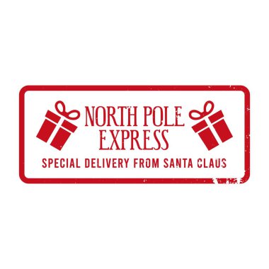 Kuzey Kutbu Ekspresi - Noel Baba 'dan özel teslimat. Mektuplar ve hediyeler için tatil pulu tasarımı. Hediye kutuları ve çıkartılabilen dokusu olan klasik Noel dekoratif unsurları.