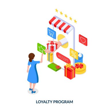 Sadakat programı konsepti. Düzenli müşteriler için özel koşullar. Normal alıcılar için ikramiyeler ve hediyeler. Beyaz arkaplanda Isometric vektör illüstrasyonu