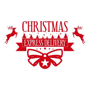 Noel ekspresi teslimatı. Hediye ve mektuplar için bayram pulu. Şirin ren geyikleri, yay ve yıldızlı el yapımı hediyeler için Xmas dekoratif tasarım unsuru. Vektör illüstrasyonu.