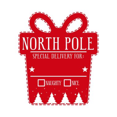 Kuzey kutbu özel teslimat. Noel Baba 'dan özel bir hediye paketi için Xmas tasarımı. Yaramaz ya da güzel çek kutuları. Hediye kutusu şeklinde el yapımı Noel hediyeleri için bir şablon. Vektör çizimi..