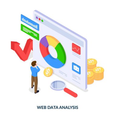 Web veri analizi kavramı. Grafikleri ve diyagramları olan web sitesinin önündeki adam. Beyaz arkaplanda vektör izometrik illüstrasyon