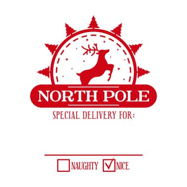 Noel Baba 'dan kişisel bir hediye paketi için Noel tasarımı. Kuzey kutbu özel teslimat. Xmas Ren Geyiği ile el yapımı hediyeler için güzel bir şablon. Beyaz arkaplanda vektör illüstrasyonu