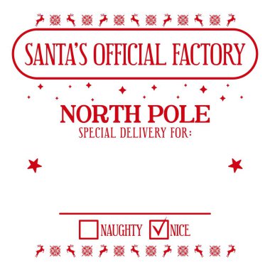 Noel Baba 'nın özel hediye paketi için Noel tasarımı. Noel Baba' nın özel fabrikasından. Kuzey kutbu özel teslimat. El yapımı Noel hediyeleri için bir şablon. Beyaz arkaplanda vektör illüstrasyonu