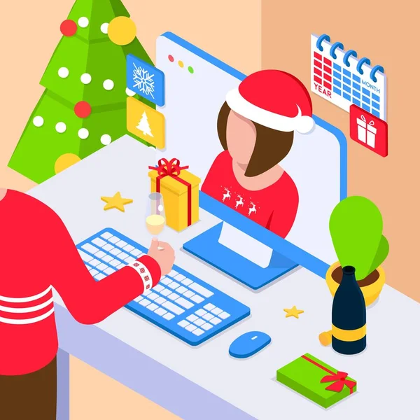 Koncepcja Święta Bożego Narodzenia Online Ilustracja Izometryczna — Wektor stockowy