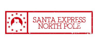 Noel Baba Ekspresi, kuzey kutbu. Harfler ve hediyeler için yatay pul tasarımı. Noel Baba 'nın yüzüyle dekoratif bir unsur. Beyaz arkaplanda grunge desenli vektör illüstrasyonu.