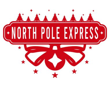 Kuzey Kutbu Ekspresi. El yapımı hediyeler ve tebrik kartları için Noel pulu tasarımı. Yıldızlı Xmas ağaçları ve yaylı oyuncaklar. Beyaz arkaplanda vektör illüstrasyonu.