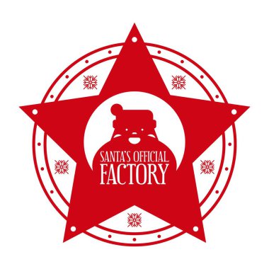 Noel Baba 'nın Resmi Fabrikası. Güzel Noel Baba' lı bayram pulu tasarımı. Yıldız ve kar taneleriyle el yapımı hediyeler için Xmas dekoratifi. Beyaz arkaplanda vektör illüstrasyonu