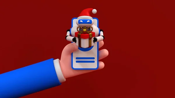 Concepto Bot Chat Navidad Mano Humana Sosteniendo Teléfono Inteligente Con — Foto de Stock