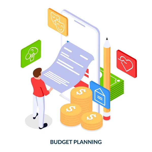 Budget Planning Concept Man Front Huge Phone Check His Hands — Stock Vector