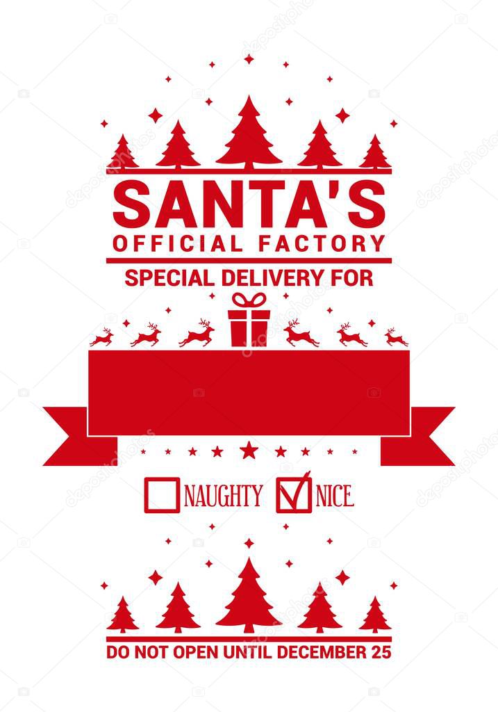 Christmas design for a personalized gift bag from Santa Claus. Santa's official factory - special delivery. Print design template for xmas handmade gifts. Vector illustration on white background