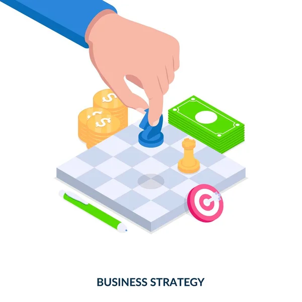 Business Strategy Concept Human Hand Chess Figure Chess Board Isometric — ストックベクタ