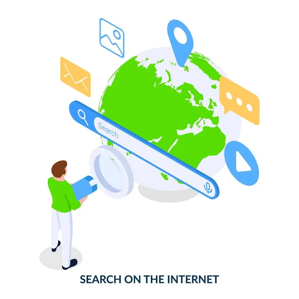Concept Search Internet Man Magnifying Glass Standing Search Bar Planet — Stockvektor