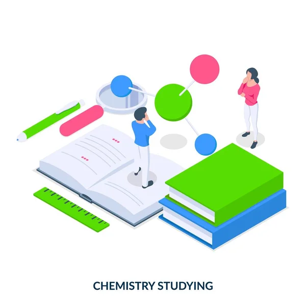 Koncepcja Chemii Ludzie Stoją Przed Molekułą Książkami Ilustracja Wektora Stylu — Wektor stockowy