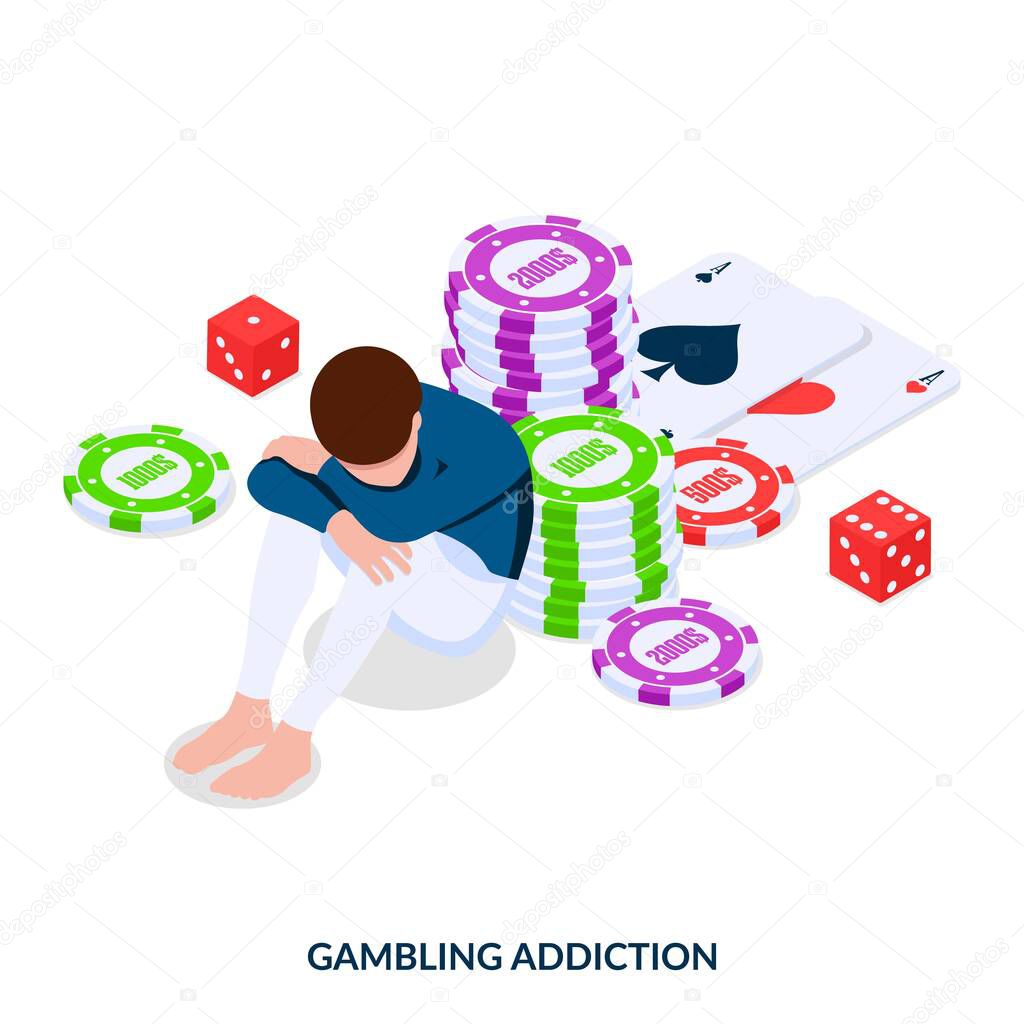 Gambling addiction. A man sits clasping his knees against the backdrop of casino chips, dice and cards. Isometric vector illustration on white background.