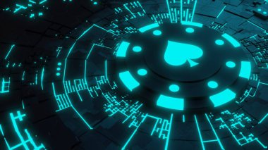 Neon Teknoloji geçmişinde kumarhane fişi. Çevrimiçi kumarhane. 3d illüstrasyon.