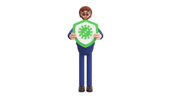 Personaje Masculino Dibujos Animados Con Escudo Verde Icono Virus Protección — Foto de Stock