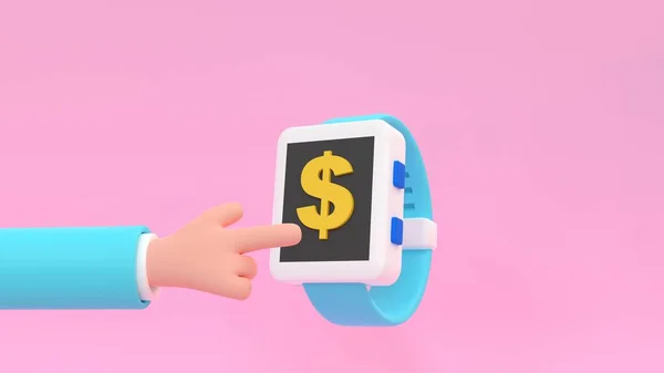 Smartwatch Ikoną Dolara Ludzką Ręką Kreskówki Płatność Pomocą Inteligentnego Urządzenia — Zdjęcie stockowe