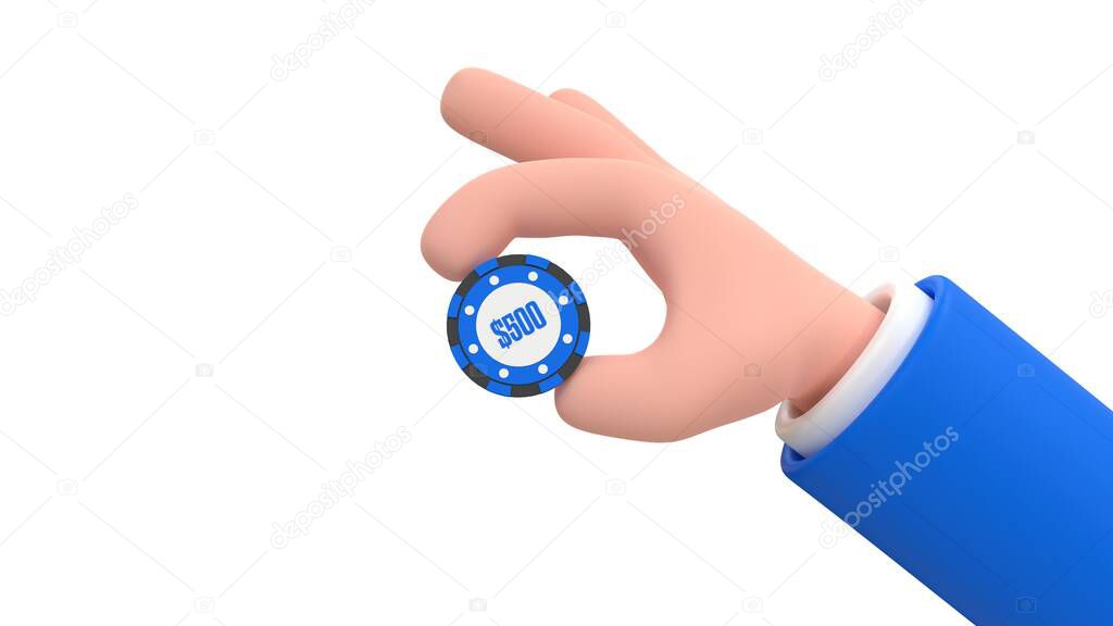 Cartoon human hand with casino chip. 3d render illustration on white backgroun