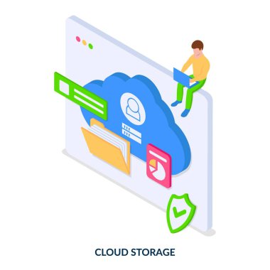 Bulut depolama kavramı. Bulut, klasör ve benzeri simgelerle dolu bir web sayfası. Beyaz arkaplanda Isometric vektör illüstrasyonu.