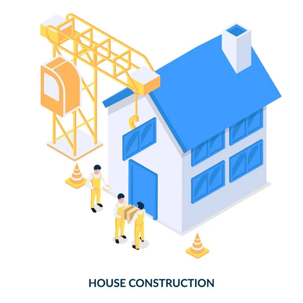 住宅建設 労働者が新しい家を建てる 白い背景のアイソメトリックベクトルイラスト — ストックベクタ