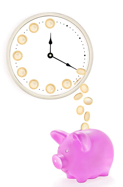 Pink piggy bank with coins falling from the clock Stock Picture