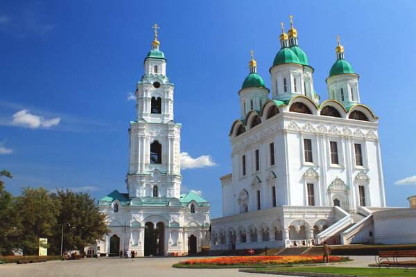 View of the Cathedral bell-tower with Prechistenskaya the gate and the assumption Cathedral in Astrakhan