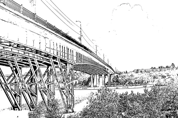 Teckning med blyerts. stålkonstruktion av bron över floden — Stockfoto