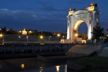 First Gateway of the Volgodonsk navigable channel. Night illumination and illumination of the building clipart