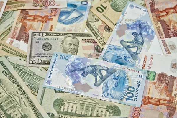 Dollars, rubles and new jubilee ruble Sochi 2014 — Stock Photo, Image