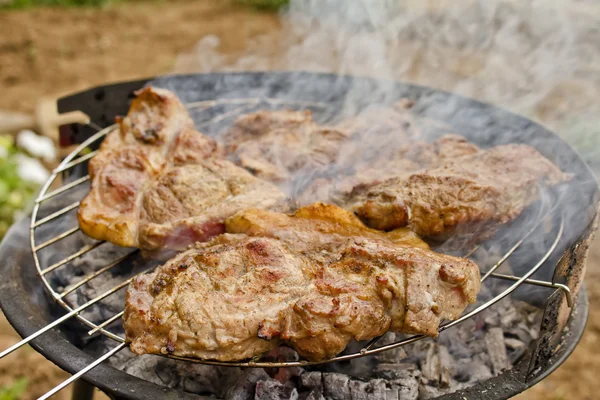 Smažené kousky šťavnatého čerstvého masa na grilu — Stock fotografie