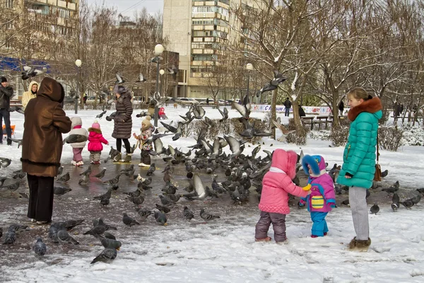Children and parents on a walk feed the pigeons in the Park in the winter. — Stock Photo, Image
