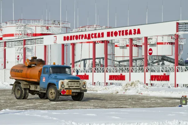 Russian truck stands amid tank farms — Stock Photo, Image