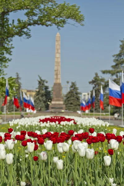 Украшенная флагами и множеством тюльпанов Аллея Героев в майские праздники — стоковое фото