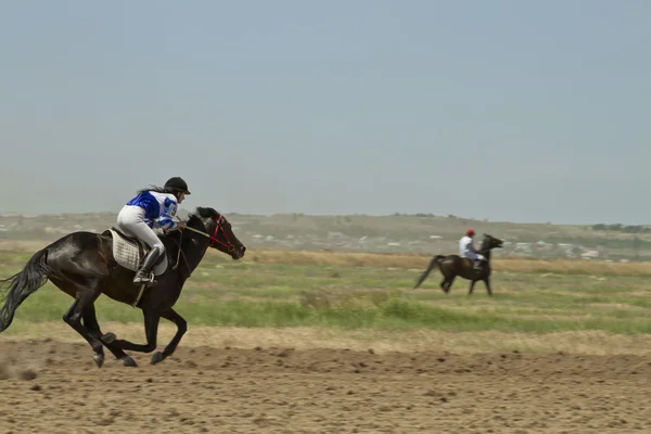 Jockey riding a horse during the horse races — Stock Photo, Image