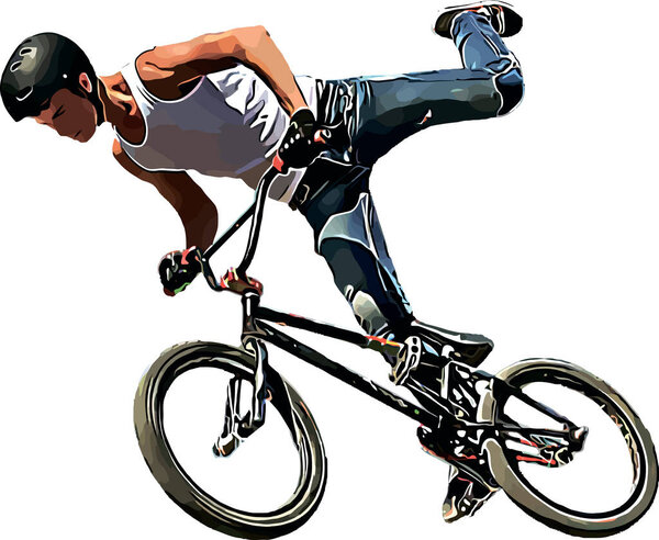 Color vector image of a cyclist on BMX performing extreme tricks