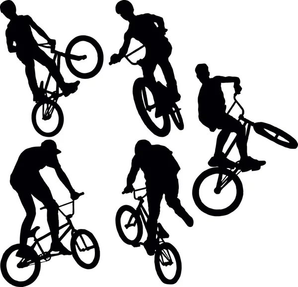 Набор Моделей Спортсменов Велосипедах Bmx Выполняющих Трюки — стоковый вектор