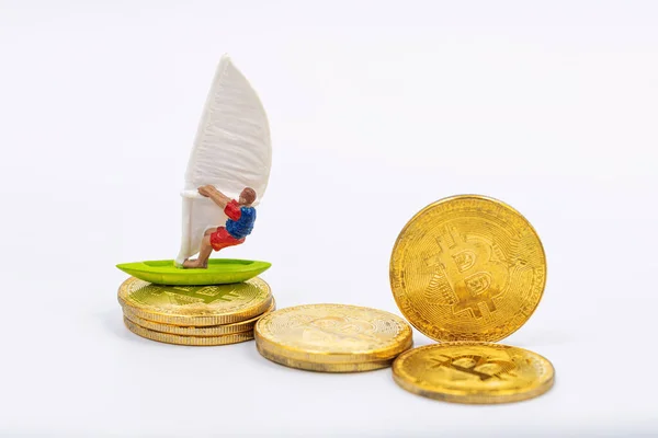 Toy Wind Surfer Rides Bitcoin Gold Coins Waves — Stock Photo, Image