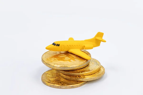 Toy Model Plane Lies Top Gold Coins Bitcoin — Stock Photo, Image