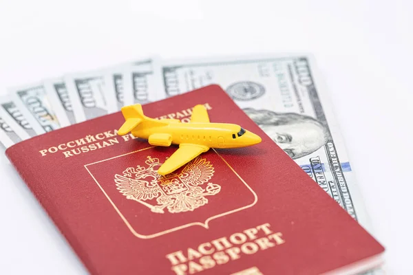 Toy Model Airplane Lies Passport Russian Federation Dollars — Stock Photo, Image