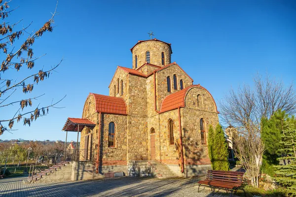 Igreja Ortodoxa Forrada Com Pedras Estilo Templos Adoradores Fogo Arkhyz — Fotografia de Stock