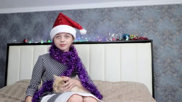 Dziewczyna w wieku szkolnym przygotowuje się do świętowania Bożego Narodzenia ze swoim ukochanym kotem — Wideo stockowe