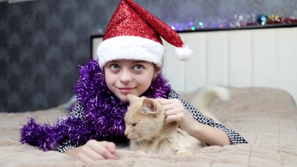 Una niña en edad escolar se prepara para celebrar la Navidad con su amado gato — Vídeo de stock